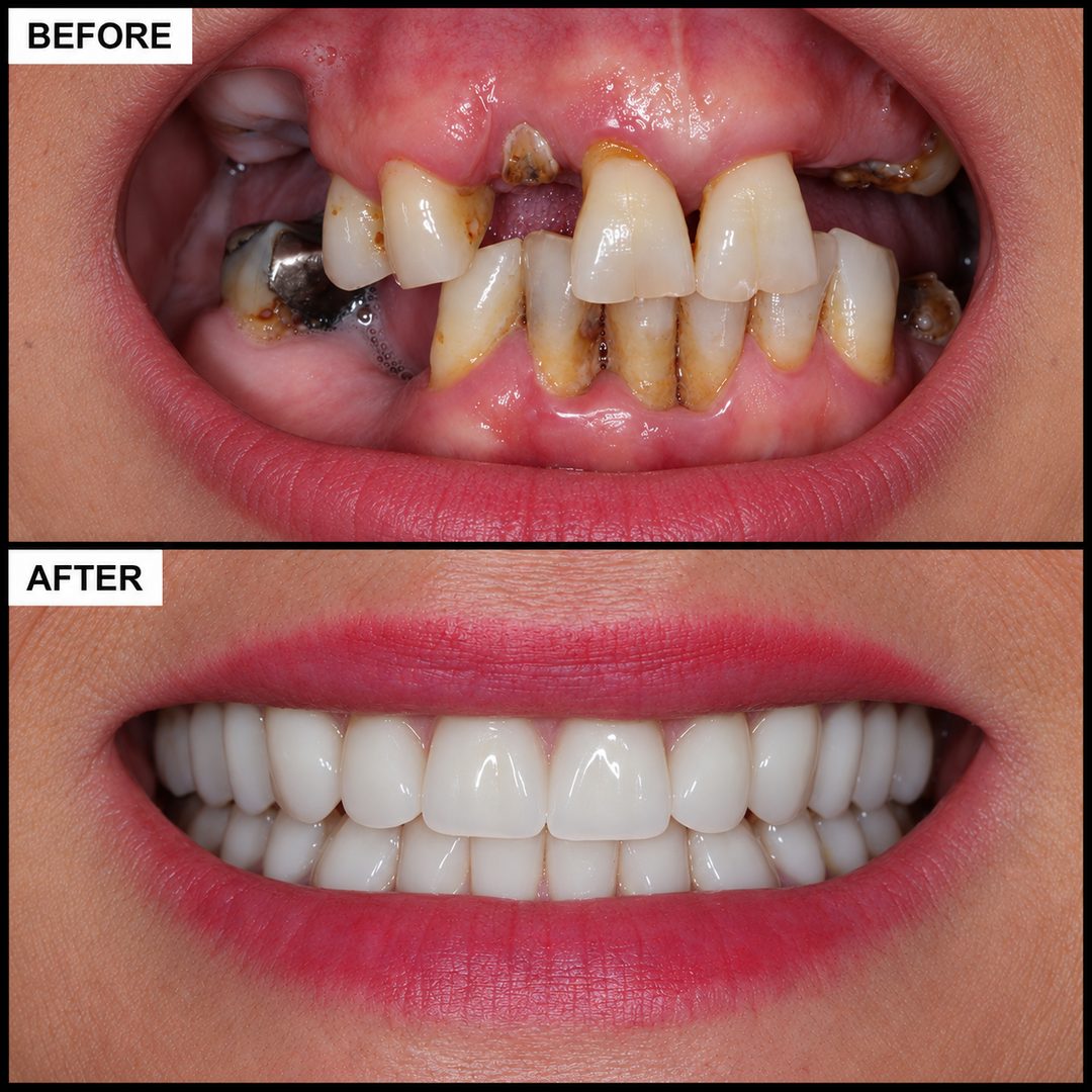 Before and after: severely damaged teeth replaced with a new smile